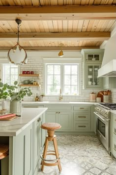 a kitchen with green cabinets and white counter tops, an island in the middle is surrounded by potted plants