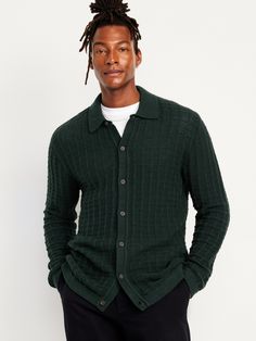 spread collar long sleeves full-button front textured lattice pattern relaxed fit hits at hip model is approx.  6'1" and wears size mmachine wash according to the care instruction label  . Best Holiday gift for Men , perfect Sweaters for Christmas! Dark Green Cardigan, Green Sweater Cardigan, Pajamas Gift, Old Navy Men, Winter Outfits Men, Lattice Pattern, Quarter Zip Sweater, Green Cardigan, Polo Sweater