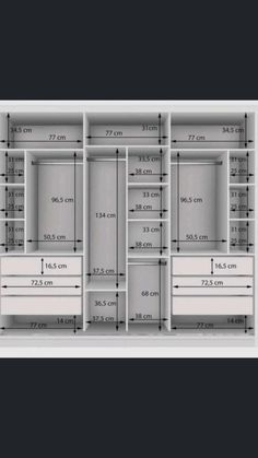 an image of a closet with measurements for the doors and drawers on it's sides