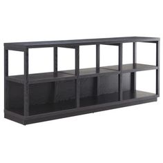 an entertainment center with four shelves and three bins on the bottom, one is black