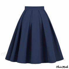 Olivia Mark - Vintage Pleated Solid Color High-Waisted Umbrella Swing Flared Midi Skirt Long Navy Skirt, Stylish Loungewear, Umbrella Skirt, Midi Flare Skirt, Crop Top Dress, Pleated Maxi Skirt, Long Sleeve Short Dress, Denim Midi Skirt, Daily Dress