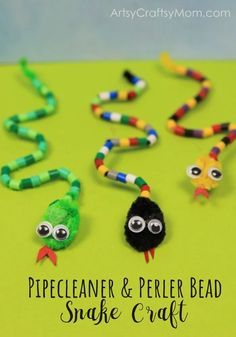 the book cover for pipe cleaner and perler bead snake craft is displayed on a green surface