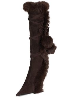 Pointed-toe stiletto knee-high boot with faux-fur and wrap-around detail Fits true to size Measurements taken from size 7 4" Heel, 0.25" Platform 14" Shaft, 14" Leg Opening Zipper closure Tumblr Goth, Fur Heels, Flat Wedges, Cork Sandals, Closed Toe Sandals, Brown Fur, Flat Mules, Platform Stilettos, Fur Boots