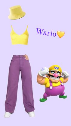 a woman wearing purple pants and a yellow top next to an image of mario bros