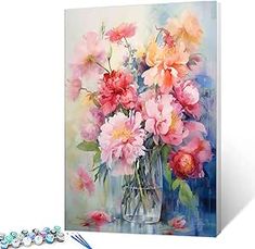 a painting of pink and yellow flowers in a vase on a white background with beaded bracelets