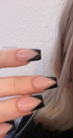 Coffin Acrylic Nails Black French Tip, Trendy Black Nails Square, Tvd Inspired Nails, Prom Nails For A Black Dress, Black Nails For Hoco, Nail Inspo Black French Tip, Black Square French Tip Nails, Prom Nails With Black Dress, Tvd Nails