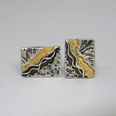 These textured cufflinks were inspired by Ariel photographs of coastlines. Rocky cliffs on one side, gold to represent sandy beach, wavy lines of surf, dappled wavy sea. Made in sterling silver, selectively micro-plated in fine gold by Abi Cochran Handmade Silver Jewellery, Aerial Photograph, Cufflinks Men