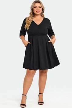 Black Half-sleeve Dress For Fall, Black Half Sleeve Dresses For Fall, Black Half Sleeve Dress For Fall, Black 3/4 Length Dresses For Fall, Casual Black Dress 3/4 Length, Casual Black 3/4 Length Dress, Casual Black Dress With 3/4 Length, Casual Black Midi Dress With 3/4 Sleeves, Black Midi Dress With 3/4 Sleeve For Spring