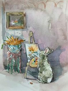 a watercolor painting of a rabbit sitting in front of an easel