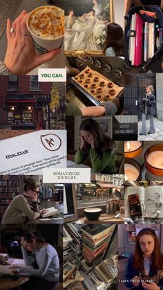 a collage of photos with people and books