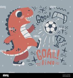 a cartoon dinosaur kicking a soccer ball with the words goal dino on it - stock image