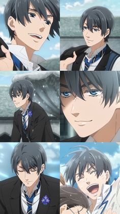 four images of an anime character with different facial expressions and hair styles, one is wearing a suit and the other has blue eyes