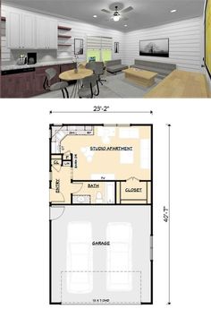 the floor plan for a small house with two living areas and an office area in the middle