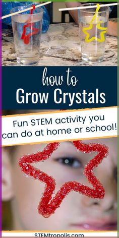 two glasses with the words how to grow crystals on them and an image of a child's face