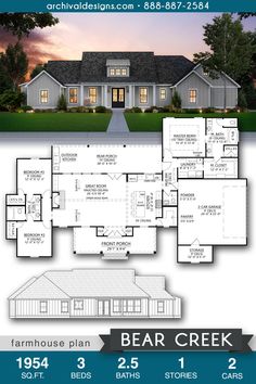 the bear creek house plan is shown in blue and white, with an open floor plan