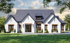 a white brick house with black shutters and windows