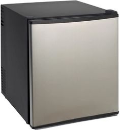 a silver and black mini fridge on a white background