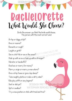 a pink flamingo with the words bachelore what would she choose? on it