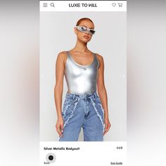 Brand New Silver Metallic Bodysuit From Uk Brand Luxe To Kill Metallic Fitted Bodysuit For Summer, Metallic Sleeveless Bodysuit For Summer, Summer Metallic Sleeveless Bodysuit, Thigh Beads, Luxe To Kill, Silver Bodysuit, Tshirt Bodysuit, Metallic Bodysuit, Camisole Leotard