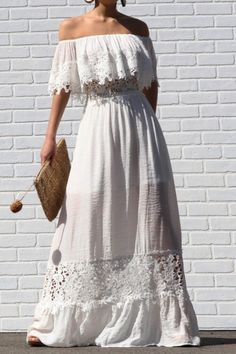 Bohemian White Maxi Dress Crochet Lace off Shoulder Ruffle Peasant Long Dress Boho Wedding Dress - Etsy Lace Dress With Lace Trim For Brunch, Lace Crochet Dress With Lace Trim For Wedding, Spring Off-shoulder Lace Dress, Flowy Lace Dress With Lace Sleeves, Fitted Off-shoulder Maxi Dress With Lace Trim, Flowy Lace Dress With Lace Trim For Garden Party, White Off-shoulder Lace Dress, Flowy Scalloped Lace Dress, Summer Off-shoulder Lace Dress With Lace Trim