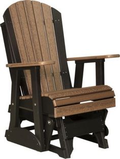 a wooden rocking chair with black legs and wood slats on the back, against a white background