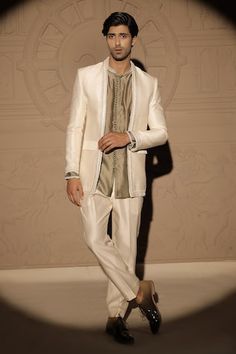 White jacket with pearl embroidered placket. Paired with green kurta and pant. - Aza Fashions Kurta Set Men, Men Kurta, Kurta With Pants, Embroidered Jacket, White Jacket, Kurta Set, Full Sleeves, Pants Pattern, Shawl Collar