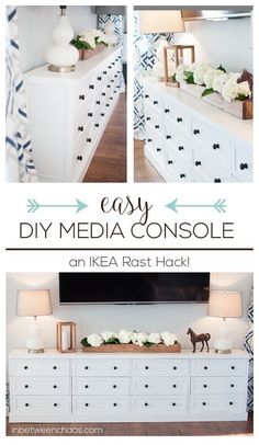 an easy diy media console with white drawers