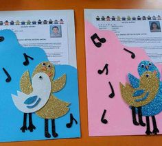 two cards with music notes and birds made out of construction paper on top of each other