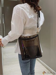 BirdinBag - Transparent Bucket Bag with Interior Pouch Fashion Handbags, Top Handle, Bucket Bag, Satchel, Pouch, Buckle, Black, Color