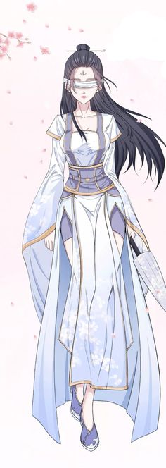 an anime character with long black hair wearing a white and blue dress