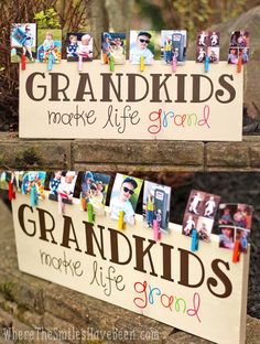 two wooden signs with pictures on them that say grandkids and make life grand