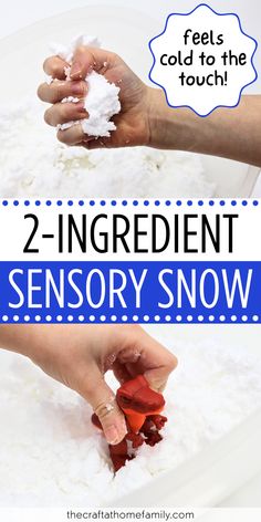 two hands scooping snow into a bowl with text overlay that reads 2 - ingredient sensory snow