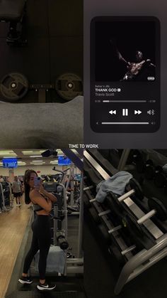 a woman standing in front of a gym machine with the words time to work on it