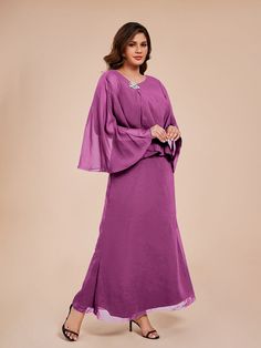 Upgrade your mother of the bride look with our Classy Column Ankle Length Chiffon dress. The elegant chiffon material flows beautifully, while the crystal embellishments add a touch of glamour. Perfect for any wedding or special occasion, this dress will make you feel confident and sophisticated.    Attention!     The cape is a layer of chiffon (Refer to the picture below) Elegant Chiffon Mother Of The Bride Evening Dress, Elegant Chiffon Evening Dress For Wedding, Elegant Flowy Mother Of The Bride Dress For Party, Elegant Flowy Floor-length Mother Of The Bride Dress, Elegant Floor-length Flowy Mother Of The Bride Dress, Elegant Floor-length Chiffon Dress For Wedding Guest, Elegant Formal Georgette Mother Of The Bride Dress, Elegant Floor-length Chiffon Wedding Dress, Elegant Purple Chiffon Evening Dress