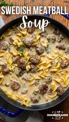 swedish meatball soup in a skillet with noodles and parsley on the side