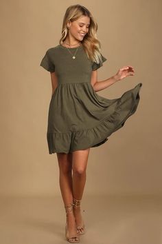 Babydoll Dresses - Lulus Fall Olive Green Dress, Cute Dresses Casual Modest Short, Juniors Dresses Casual, Olive Green Sundress, Farmhouse Fashion Clothes, Olive Green Dress Outfit Summer, Western Casual Dresses, Teacher Dresses Elementary, Sage Green Dress Casual