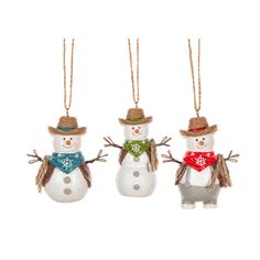 three snowmen wearing hats and scarves are hanging from twine strings on a white background