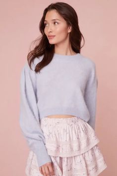 Love Shack Fancy - Candela Pullover Sweater in Ice Blue Crop Pullover, Ruffle Mini Skirt, Lace Inset, Tiered Skirt, Boutique Dresses, Skirts For Sale, Ice Blue, Pretty In Pink, Pullover Sweaters