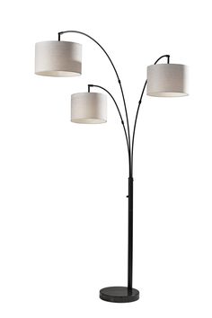 three light floor lamp with white shades on the lampshade and black metal base