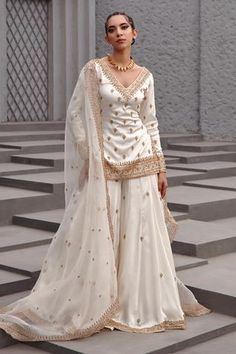 Shop for Jigar Mali White Dupion Silk Embroidered Kurta Sharara Set for Women Online at Aza Fashions Garara Dress, Ethereal Elegance, Sharara Designs, Floral Frocks, Traditional Indian Dress, Desi Fashion Casual, Pakistani Fancy Dresses, Indian Dresses Traditional, Salwar Kamiz