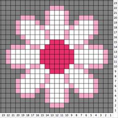 a cross stitch pattern with pink and white squares in the shape of an abstract flower