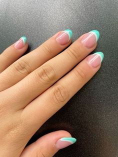 Teal Nails With White Tips, White And Teal French Tip Nails, Cute Nail French Tips, Back To School Nails For Middle School, Turquoise Nails Round, French Tips Teal, Nail Inspo Turquoise, French Tip Nails Teal, Turquoise Tip Nails