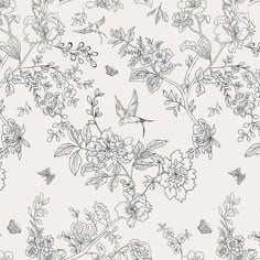 a black and white floral wallpaper with birds flying over the flowery branches on it