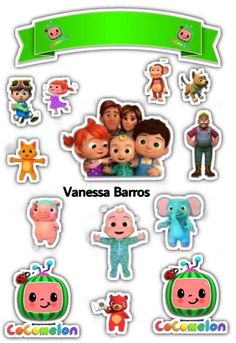 various stickers with the names of different characters on them, including children's faces and