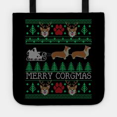 a black tote bag with an ugly christmas sweater design featuring two dogs and a car