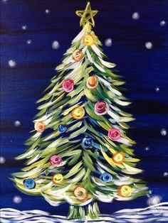 a painting of a christmas tree with colorful buttons on it's top and bottom