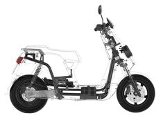 an electric scooter is shown with the seat folded back and wheels down, on a white background