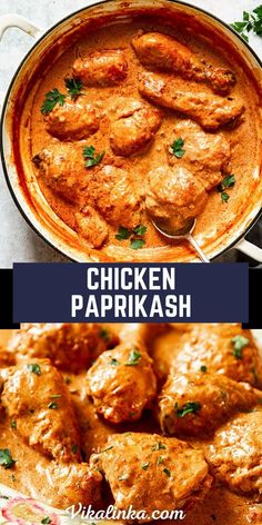 chicken paprkash in a pan with the words chicken paprkash above it