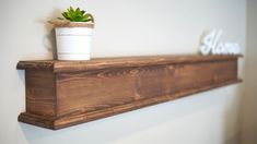 a potted plant sitting on top of a wooden shelf next to a white wall