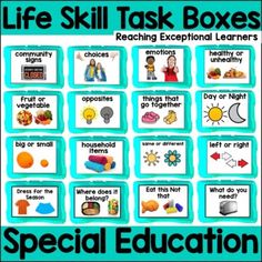 a poster with words and pictures on it that says life skill boxes for teaching exceptional learners